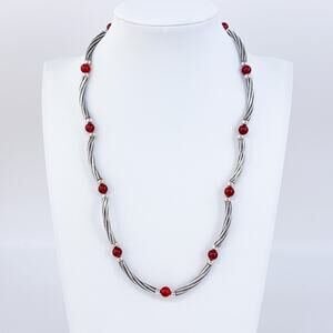 Vintage Sterling Silver 925 Red Carnelian Bead Curved Bar Necklace 18.5"